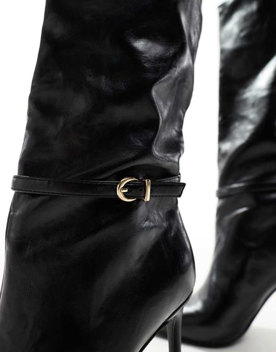 ASOS DESIGN Crowd high-heeled pointed knee boots with buckle detail in black - Image 2