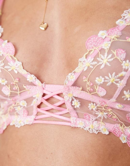 ASOS DESIGN Cleo premium broderad lång linje mjuk bh i rosa - Image 2