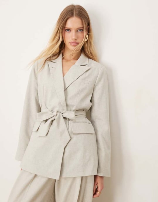 AWARE double breasted belted blazer co-ord in light grey - Image 1