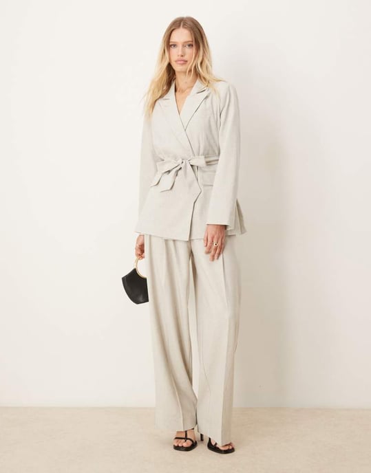 AWARE double breasted belted blazer co-ord in light grey - Image 3