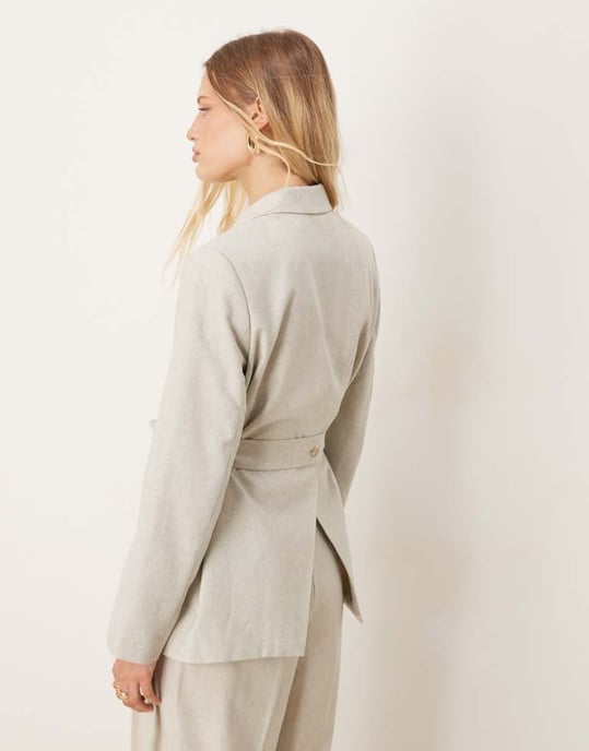 AWARE double breasted belted blazer co-ord in light grey - Image 4
