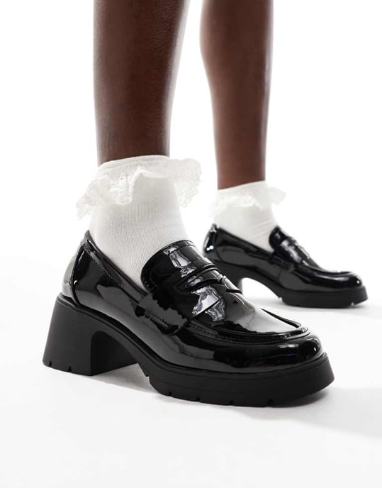 ASOS DESIGN Scribble chunky mid heeled loafers in black patent - Image 1