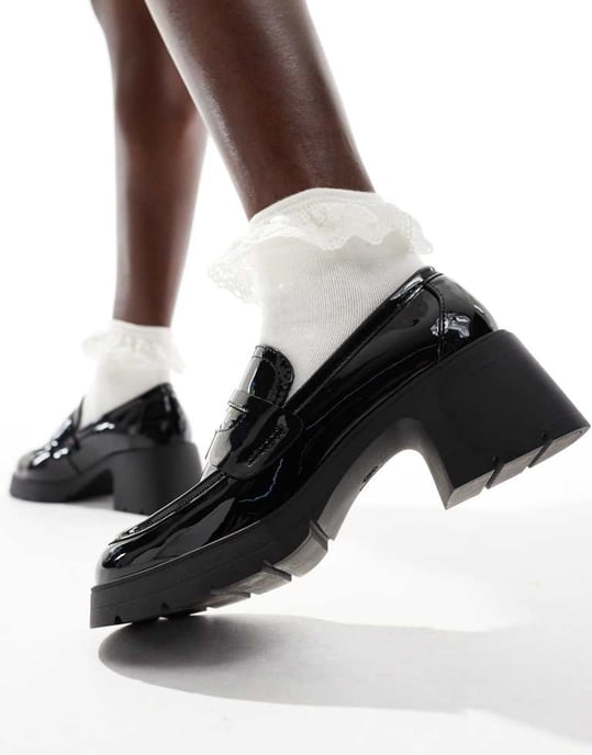 ASOS DESIGN Scribble chunky mid heeled loafers in black patent - Image 4
