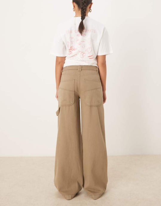 Pimkie low rise wide leg cargo jeans in khaki - Image 3