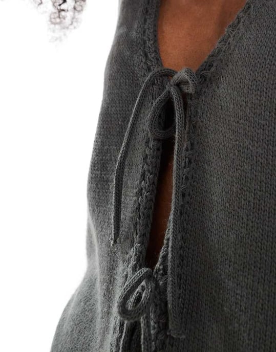ASOS DESIGN v neck knitted oversized tie front cardigan in olive - Image 4