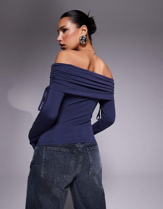 ASOS DESIGN soft handle off shoulder ruched long sleeve top in ink - Image 2