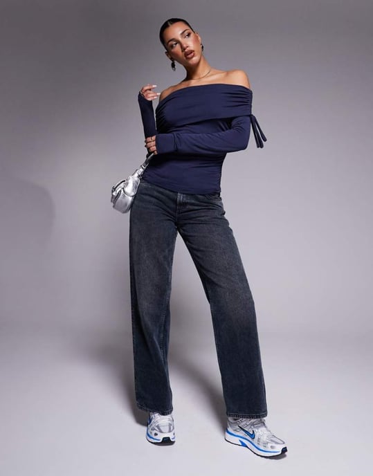 ASOS DESIGN soft handle off shoulder ruched long sleeve top in ink - Image 3