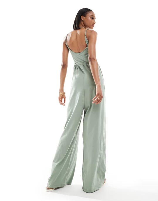 ASOS DESIGN Lång scoop-neck axelbands bredbyxoverall i khaki - Image 3