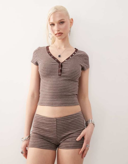 Motel yolla striped baby t-shirt co-ord in brown - Image 1