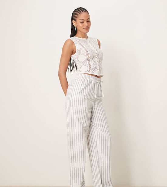 ASOS DESIGN Tall linen look pull on trousers in black stripe - Image 1