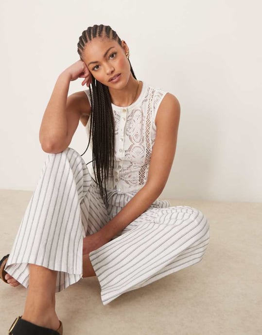 ASOS DESIGN Tall linen look pull on trousers in black stripe - Image 4