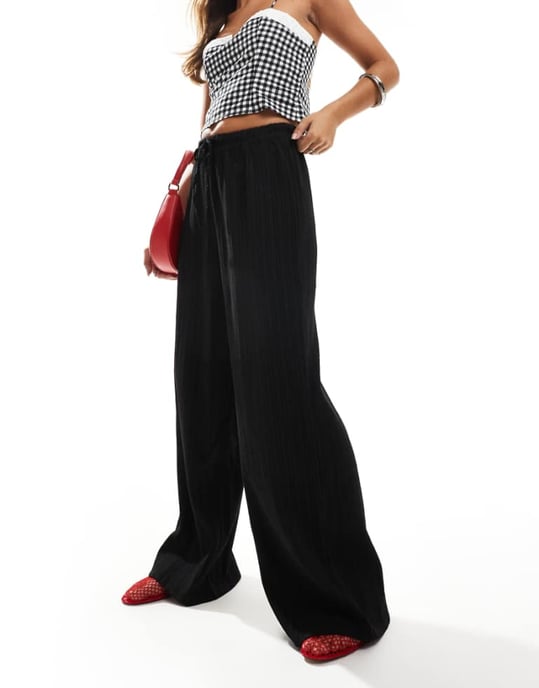 Vila textured wide leg tie waist trousers in black - Image 1