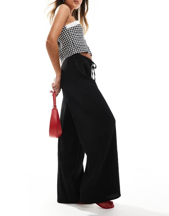 Vila textured wide leg tie waist trousers in black - Image 2
