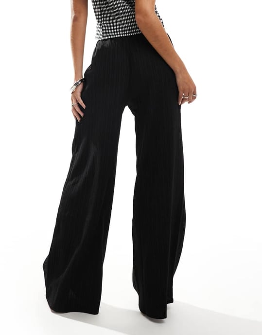 Vila textured wide leg tie waist trousers in black - Image 4
