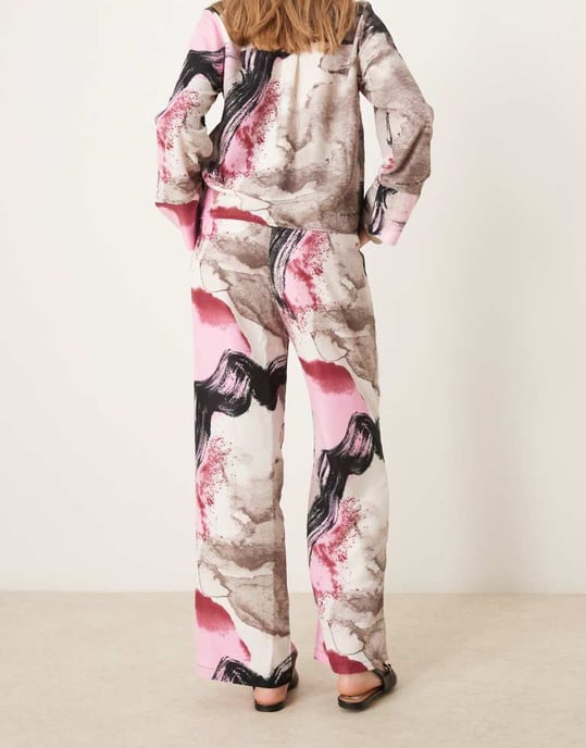 Vila satin wide leg trouser co-ord in pink abstract print - Image 3