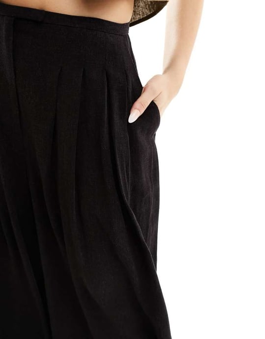 ASOS DESIGN veckad palazzo vid benbyxa i linne i svart - Image 4