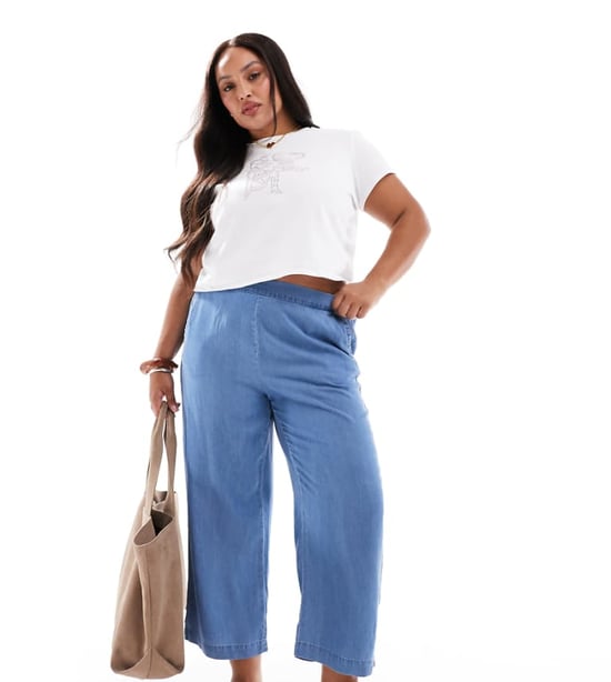 Vero Moda Curve cropped chambray trousers in medium blue - Image 1