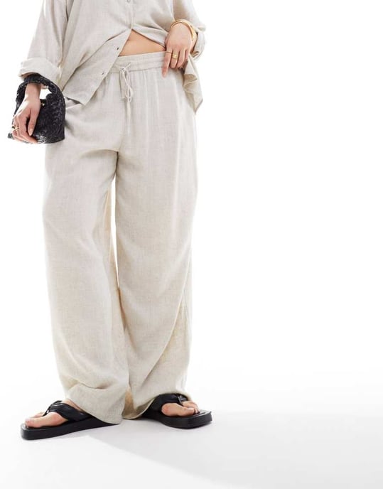 Noisy May Curve loose fit linen mix trouser in oatmeal - Image 2