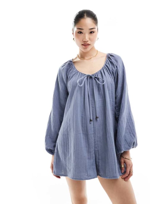 ASOS DESIGN långärmad romperspel med pärldetaljer i blått - Image 1