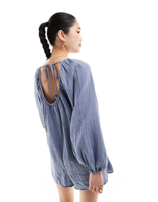 ASOS DESIGN långärmad romperspel med pärldetaljer i blått - Image 2