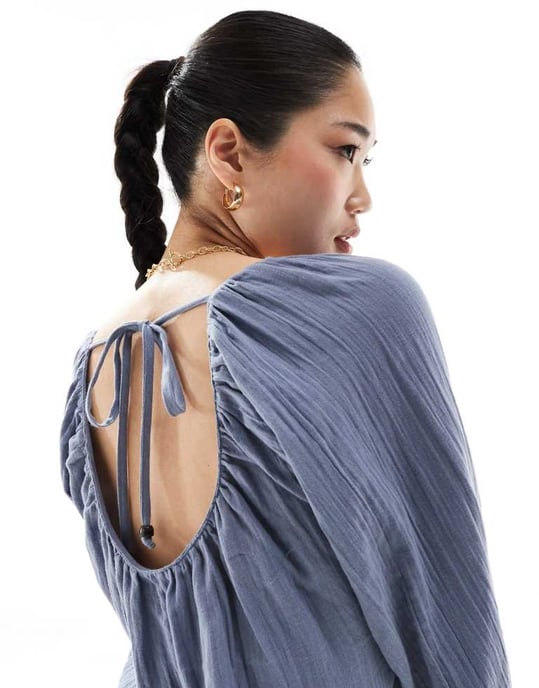 ASOS DESIGN långärmad romperspel med pärldetaljer i blått - Image 3