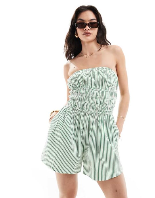 ASOS DESIGN Rynkad bodice jumpsuit i grön randig - Image 1