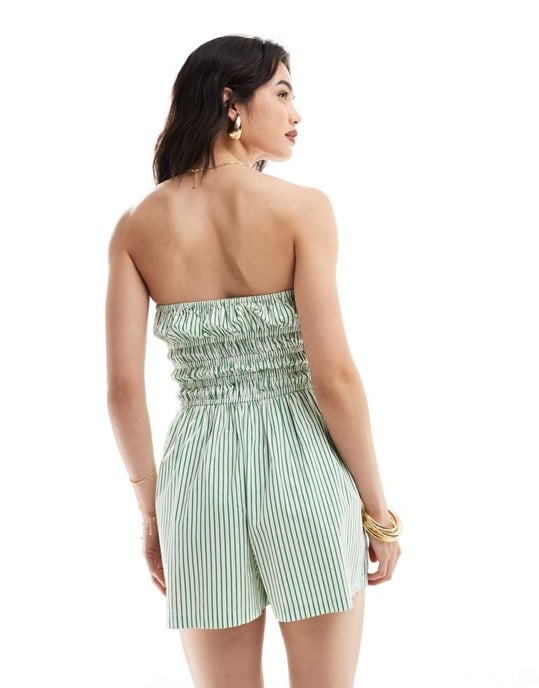 ASOS DESIGN Rynkad bodice jumpsuit i grön randig - Image 2