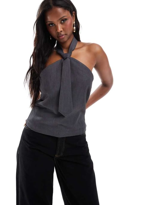 ONLY tailored halterneck top with tie detail in grey - Image 1