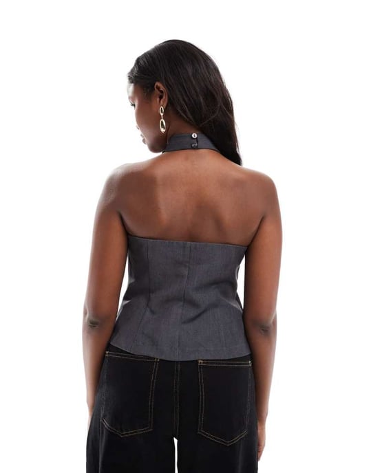 ONLY tailored halterneck top with tie detail in grey - Image 2