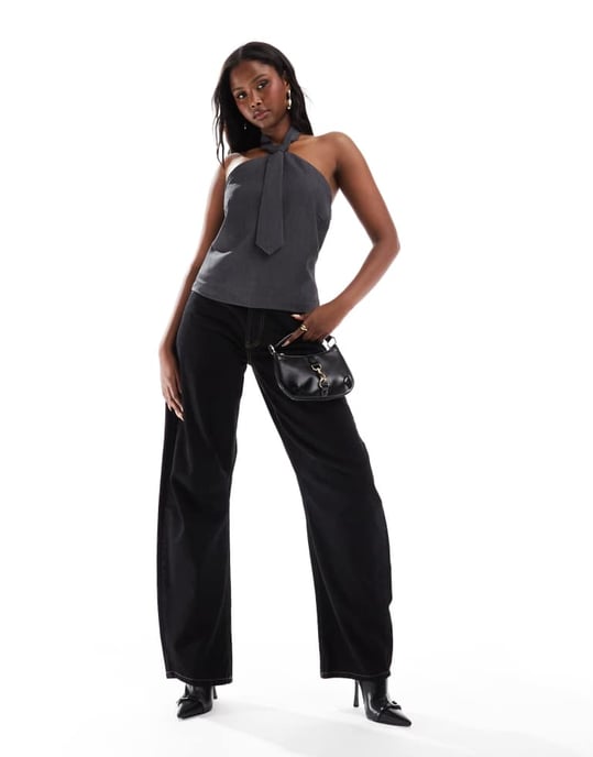 ONLY tailored halterneck top with tie detail in grey - Image 4