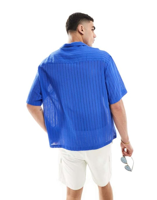 ASOS DESIGN kortärmad oversized skjorta med omvriden krage i texturerat cobaltblått - Image 4