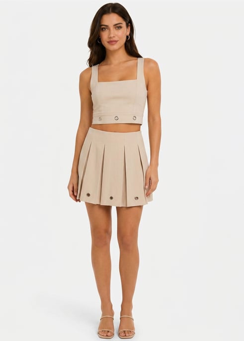 Cream Eyelet Detail Box Pleat Tennis Mini Skirt - Image 1