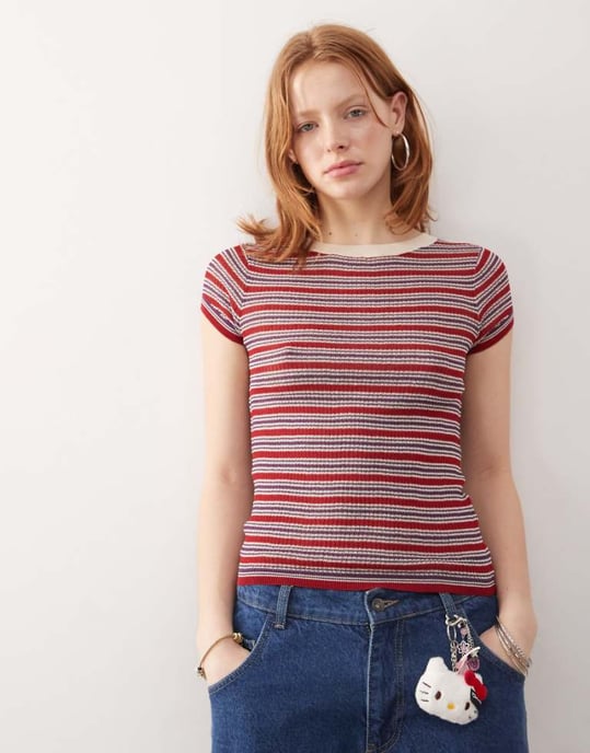 COLLUSION short sleeve knitted top in dark red - Image 1