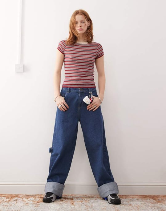 COLLUSION short sleeve knitted top in dark red - Image 3