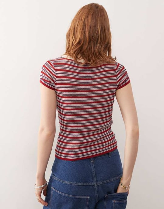 COLLUSION short sleeve knitted top in dark red - Image 4