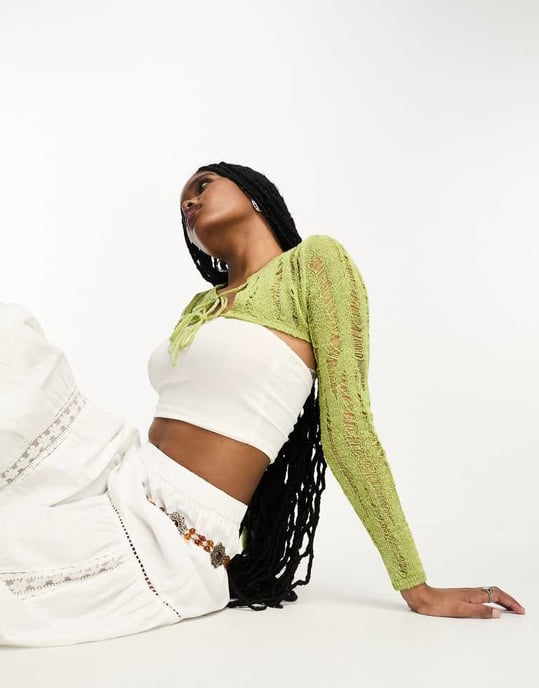 ASOS DESIGN kort knyt-fram cardigan i stegmönster i grön - Image 3