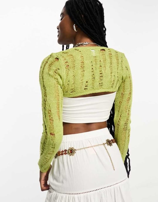 ASOS DESIGN kort knyt-fram cardigan i stegmönster i grön - Image 4
