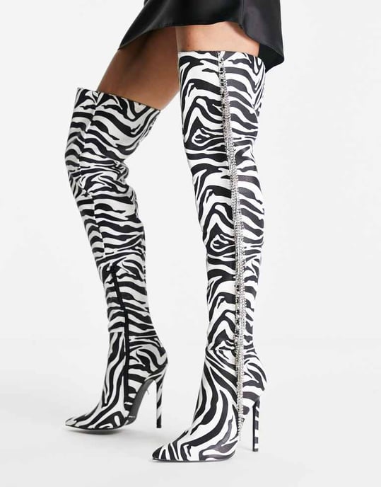 ASOS DESIGN Kim embellished heeled over the knee boots in zebra - Image 3