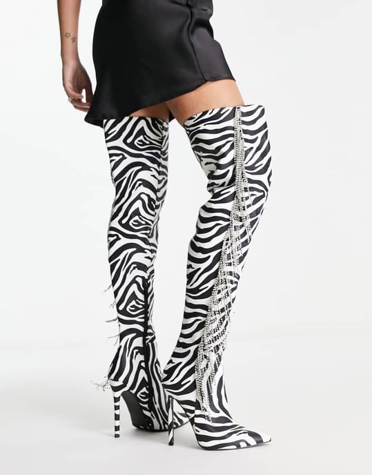 ASOS DESIGN Kim embellished heeled over the knee boots in zebra - Image 4