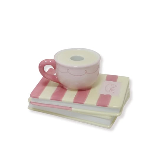 House Vitamin Candle holder cup on pile of books yellow/pink dolomite 16,5x13,5x9,5cm - Image 1