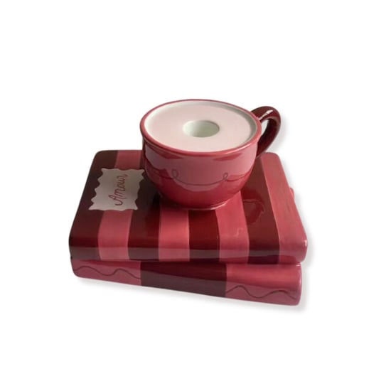 House Vitamin Candle holder cup on pile of books red/pink dolomite 16,5x13,5x9,5cm - Image 1