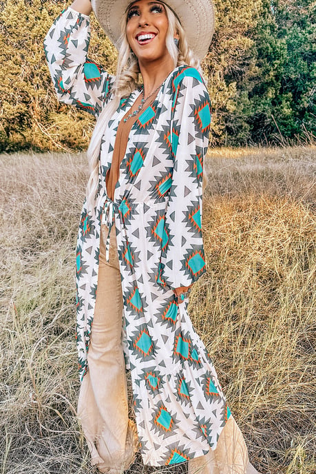 White Western Aztec Print Duster Open Front Top - Image 1