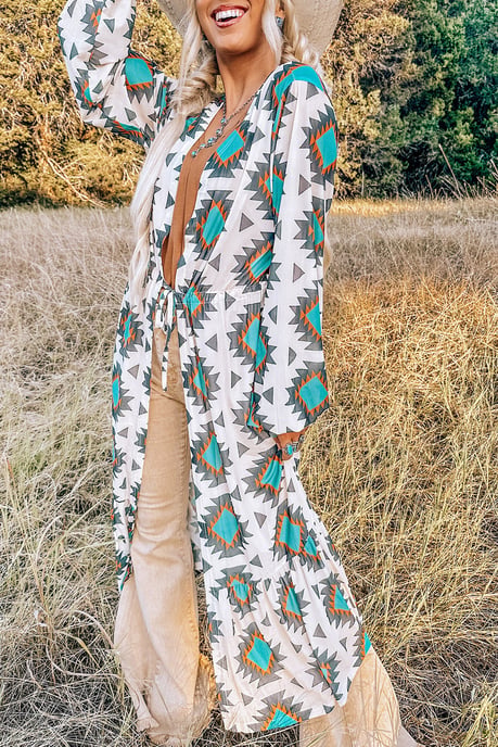 White Western Aztec Print Duster Open Front Top - Image 2