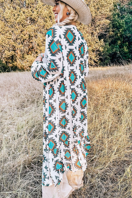 White Western Aztec Print Duster Open Front Top - Image 3