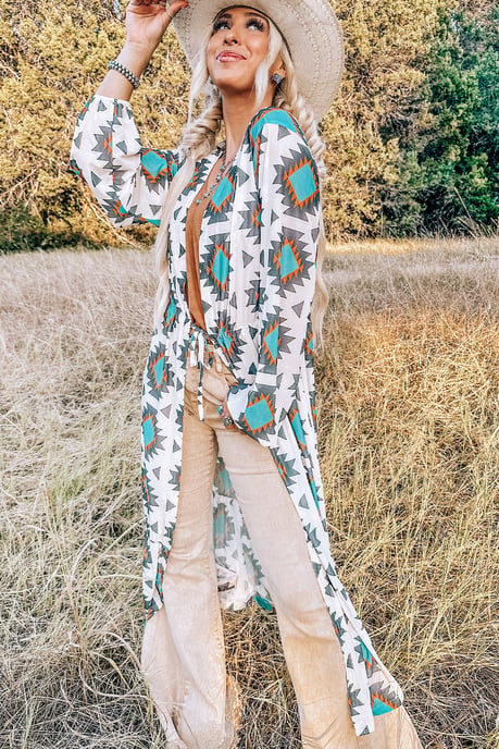 White Western Aztec Print Duster Open Front Top - Image 4