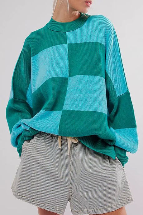 Green Checkered Side Slits Drop Shoulder Oversized Sweater - Image 1