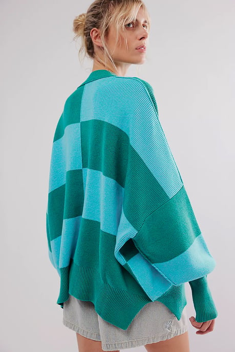 Green Checkered Side Slits Drop Shoulder Oversized Sweater - Image 2