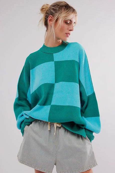 Green Checkered Side Slits Drop Shoulder Oversized Sweater - Image 4