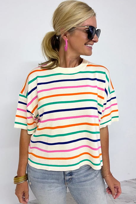 Striped Knit Short Sleeve Pullover - Image 1
