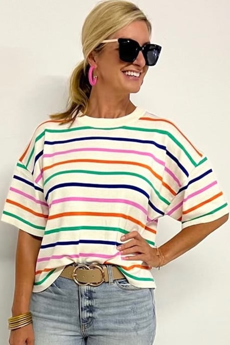 Striped Knit Short Sleeve Pullover - Image 4